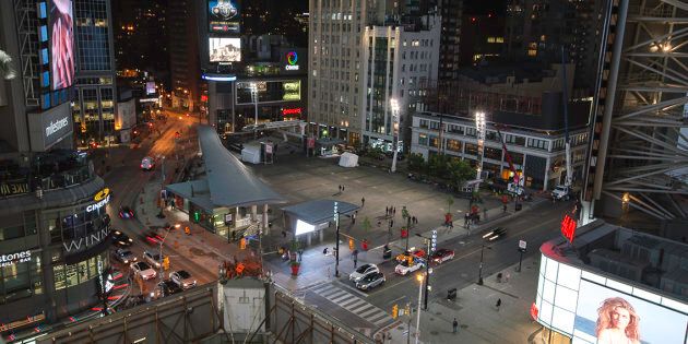 A still from a time-lapse video of Yonge and Dundas Square in Toronto, Ontario.