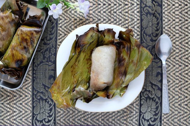 Steamed rice cakes wrapped in banana leaves is popular in many Asian countries.
