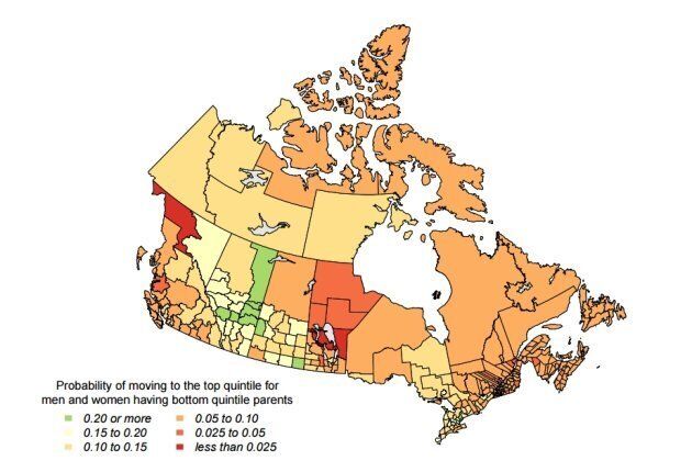 This map shows the likelihood of a child born into a lowest-fifth income family moving into the highest fifth of earners as an adult. Green areas indicate a 20-per-cent or better chance of living the "rags to riches" life. Dark red areas indicate a less than 2.5-per-cent chance.