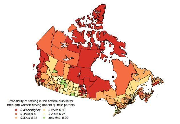 This map shows the probability of a child born into a low-income household remaining in a low-income household as an adult. Dark red indicates a greater than 40-per-cent chance of being stuck in a "cycle of poverty."