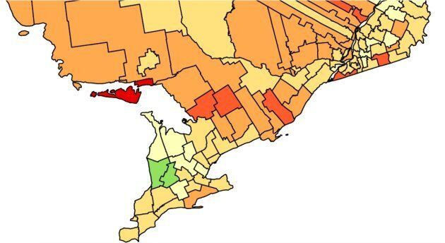 This magnification of southern Ontario from Corak's "cycle of poverty" map shows the area around Toronto has been among the better ones for getting out of poverty. But Corak wonders whether this can still be the case when Toronto property prices are so high.