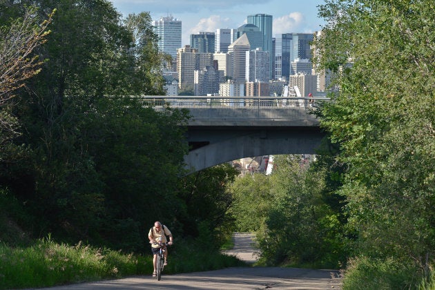 A view of Edmonton downtown from Walterdale Hill, near the Old Strathcona area.