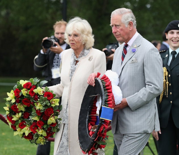Camilla, Duchess of Cornwall and Prince Charles, Prince of Wales lay a wreath at the Afghanistan Repatriation Memorial at CFB Trenton on June 30. (Photo by Chris Jackson/Getty Images)