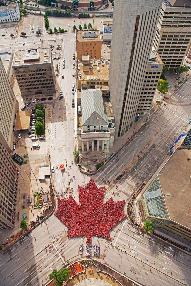 3,600 people formed this 'Living Maple Leaf' in downtown Winnipeg. (Dan Harper Photography)