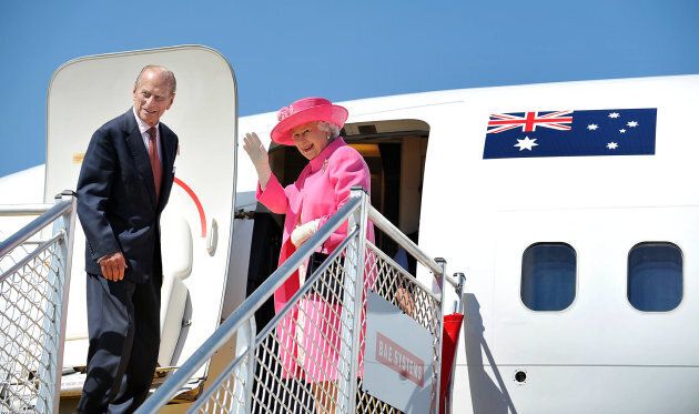 Queen Elizabeth II and Prince Philip, Duke of Edinburgh board a plane on October 26, 2011 in Melbourne, Australia.