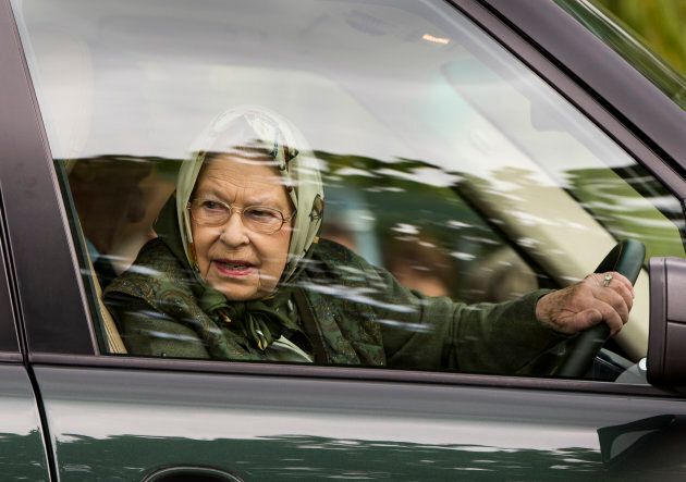 Queen Elizabeth II driving her Range Rover around the Windsor Horse Show on May 13, 2017 in Windsor, England.