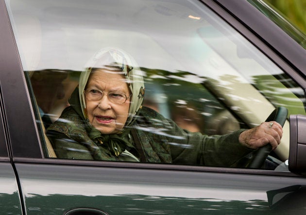 Queen Elizabeth II driving her Range Rover around the Windsor Horse Show on May 13, 2017 in Windsor, England.