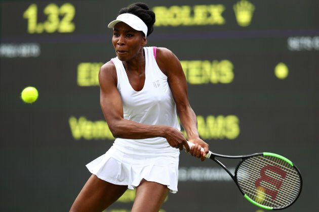 Venus Williams of the United States plays a backhand during the Ladies Singles first round match against Elise Mertens of Belgium on day one of the Wimbledon Lawn Tennis Championships at the All England Lawn Tennis and Croquet Club on July 3, 2017 in London, England. (Photo by Michael Steele/Getty Images)