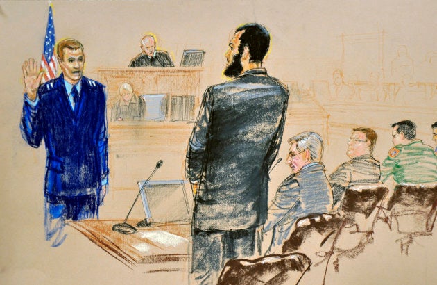 A courtroom sketch shows defendant Omar Khadr (C) pleading guilty under oath to all five terrorism charges against him in a U.S. war crimes tribunal.