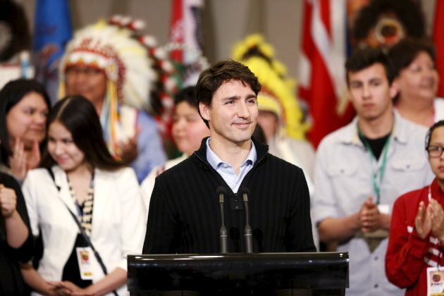 Prime Minister Justin Trudeau talks with First Nations leaders and delegates at the File Hills Qu'Appelle Tribal Council in Fort Qu'Appelle, Sask. on April 26, 2016.