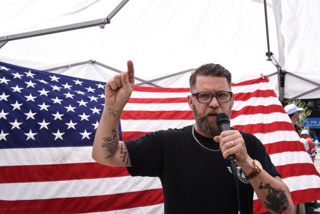 Gavin McInnes speaks during an event called "March Against Sharia" in New York City on June 10, 2017.