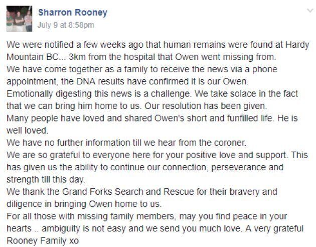 Owen Rooney's mother, Sharron, confirmed her son's death in this Facebook post.