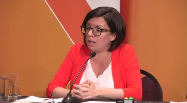 Niki Ashton makes a point at the NDP leadership debate in Saskatoon Tuesday.