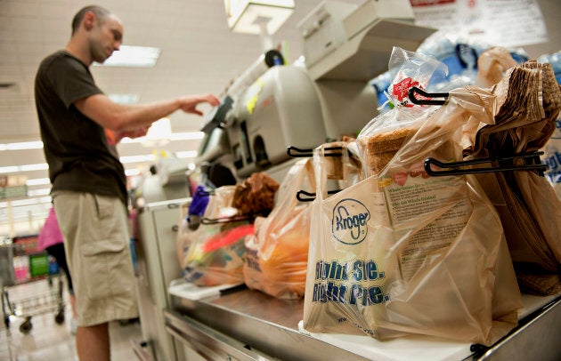 A self-checkout machine at a Kroger Co. supermarket.