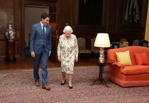 Queen Elizabeth II greets Prime Minister Justin Trudeau during an audience at the Palace of Holyroodhouse in Edinburgh, Scotland on July 5, 2017.