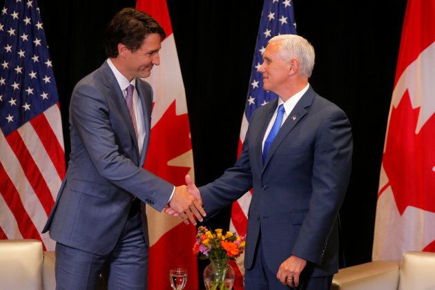 Prime Minister Justin Trudeau and United States Vice President Mike Pence meet on the sidelines of the National Governors Association summer meeting in Providence, R.I. on July 14, 2017.