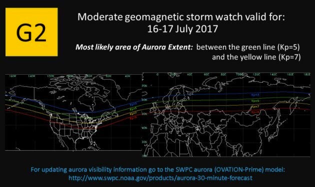 The Space Weather Prediction Centre says a moderate geomagnetic storm will make auroras visible in North America between July 16 and 17, 2017.