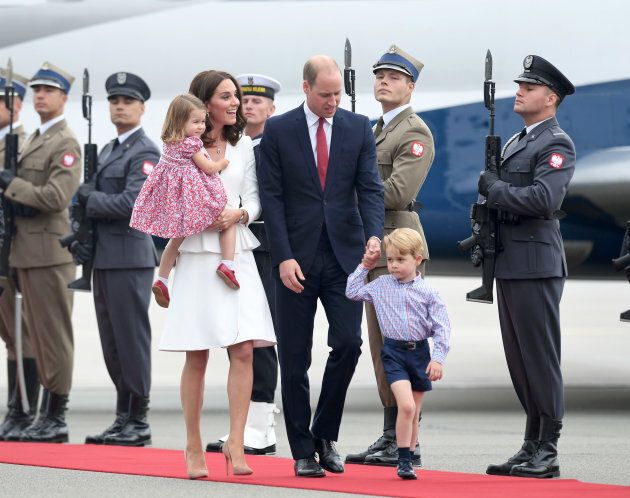 The Duke and Duchess of Cambridge, Prince George and Princess Charlotte arrive at Warsaw airport ahead of their Royal Tour of Poland and Germany on July 17, 2017. (Photo by Karwai Tang/WireImage)