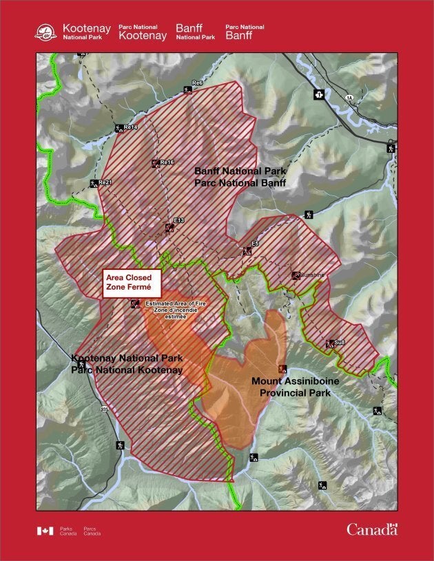 Expanded Parks Canada closures in Banff National Park and Kootenay National Park as of Monday.