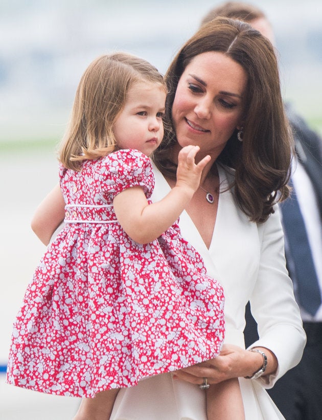 Catherine, Duchess of Cambridge, Princess Charlotte of Cambridge arrive at Warsaw airport during an official visit to Poland and Germany on July 17, 2017 in Warsaw, Poland.