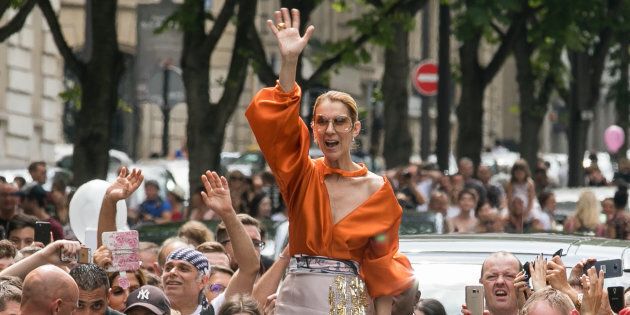PARIS, FRANCE - JULY 09: Singer Celine Dion is surrounded by french fans as she leaves the 'Royal Monceau' hotel on Avenue Hoche on July 9, 2017 in Paris, France. (Photo by Marc Piasecki/GC Images)