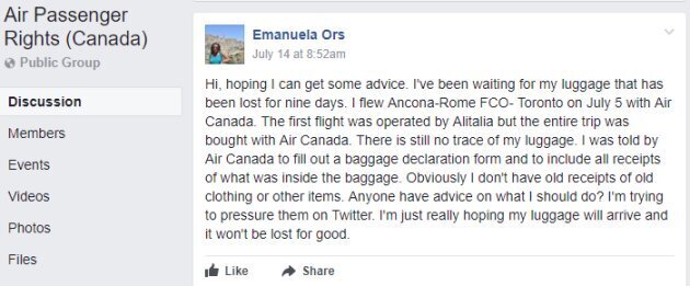 air canada missing luggage