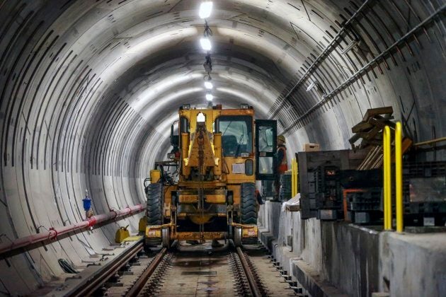 Workers at the York University stop of the Spadina subway extension during a media tour, Jan. 15, 2016.