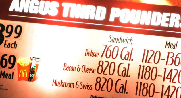 Calorie counts are listed in a fast-food restaurant.