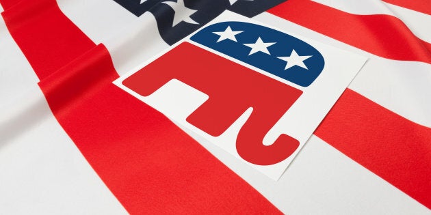 Flag of the United States of America with the Republican Party symbol over it.