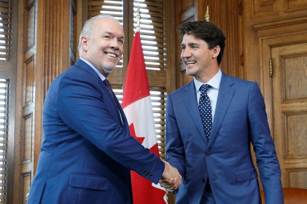 Prime Minister Justin Trudeau meets with B.C. Premier John Horgan in Trudeau's office on Parliament Hill on July 25, 2017.