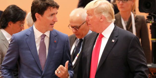 Prime Minister Justin Trudeau speaks with U.S. President Donald Trump at the G20 meeting in Hamburg, Germany, on July 8, 2017.