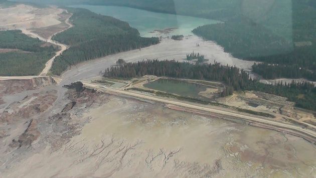 The results of a tailing pond breach at Imperial Metals Corp's gold and copper mine at Mount Polley in central British Columbia are pictured August 4, 2014 in this still image from aerial handout video provided by Cariboo Regional District.