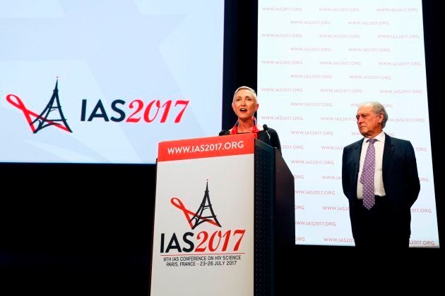 International AIDS Society president Linda-Gail Bekker (L) and President of the French National Ethics Advisory Committee (CCNE - Comite consultatif national d'ethique) and conference chairman Jean-Francois Delfraissy (R) attend the opening of the 9th International AIDS Society conference on HIV Science on July 23, 2017, in Paris, France.