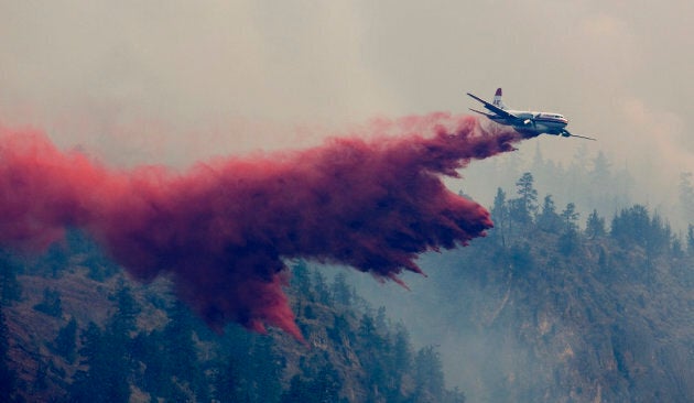 A water bomber drops a load of fire retardant on a forest fire burning on the edge of Kelowna, B.C. at dawn July 19, 2009.