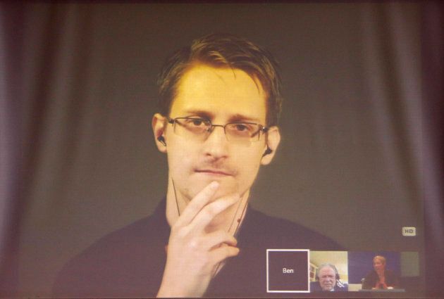 Former U.S. National Security Agency contractor Edward Snowden appears live via video during a meeting about whistle blowers at the Council of Europe in Strasbourg, France, June 23, 2015.