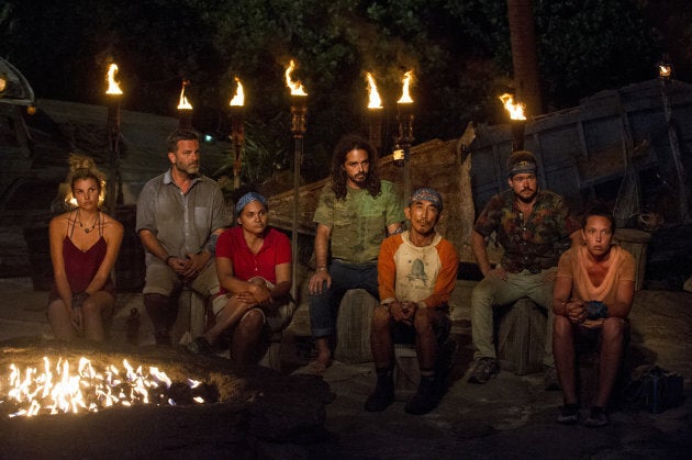 Andrea Boehlke, Jeff Varner, Sandra Diaz-Twine, Oscar 'Ozzy' Lusth, Tai Trang, Zeke Smith and Sarah Lacina at Tribal Council on the sixth episode of SURVIVOR: Game Changers.