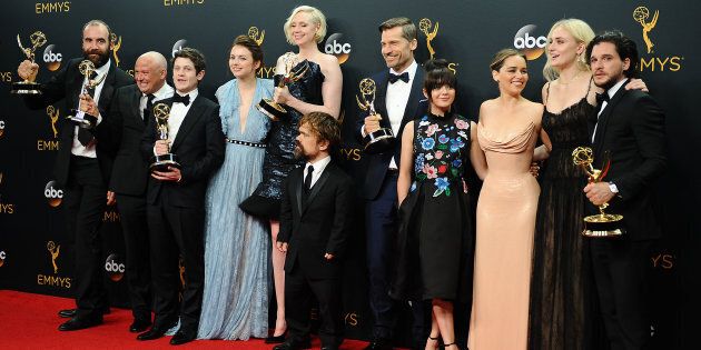 The 'Game of Thrones' cast poses in the press room after winning Best Drama Series the 68th annual Primetime Emmy Awards. (Photo: Jason LaVeris/FilmMagic)