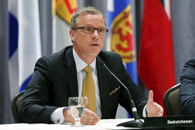 Saskatchewan Premier Brad Wall speaks during a news conference after the Quebec Summit On Climate Changes, April 14, 2015.