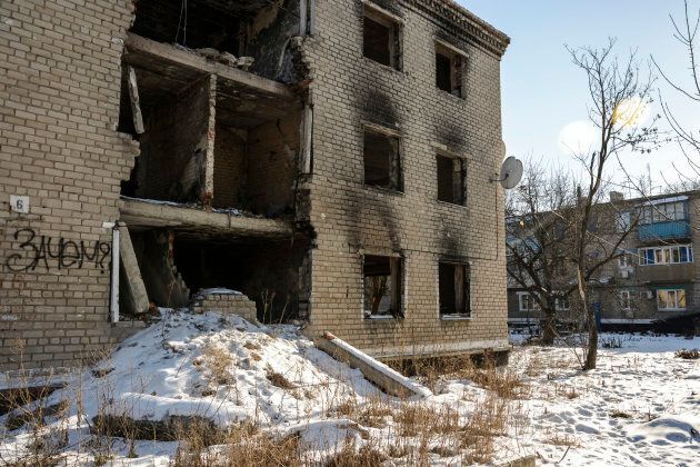 A file image of a destroyed apartment block in a Ukrainian-controlled town in the suburbs of Donetsk.