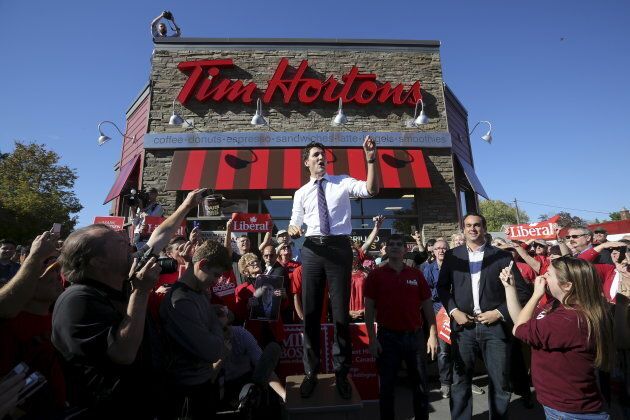 Justin Trudeau speaks during a campaign stop at a Tim Hortons coffee shop in Napanee, Ont. on Oct. 12, 2015.