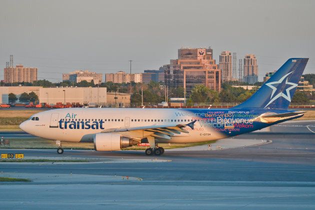 A view of an Air Transat plane at Toronto Pearson International Airport.