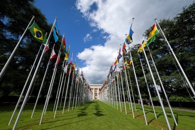 The flags avenue at the United Nations (UN) offices in Geneva.