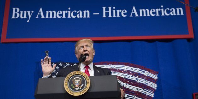 U.S. President Donald Trump speaks after touring Snap-On Tools in Kenosha, Wisconsin, April 18, 2017, prior to signing the Buy American, Hire American Executive Order.