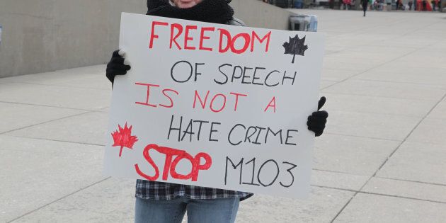 A group of Canadians gathered to protest against Islam, Muslims, Sharia Law and M-103 (private member's motion put forth by Liberal MP Iqra Khalid to condemn Islamophobia) in downtown Toronto, Ont., on March 19, 2017.