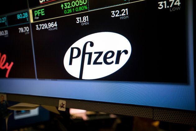 A monitor displays Pfizer Inc. signage on the floor of the New York Stock Exchange (NYSE) in New York, U.S., on Friday, June 9, 2017.
