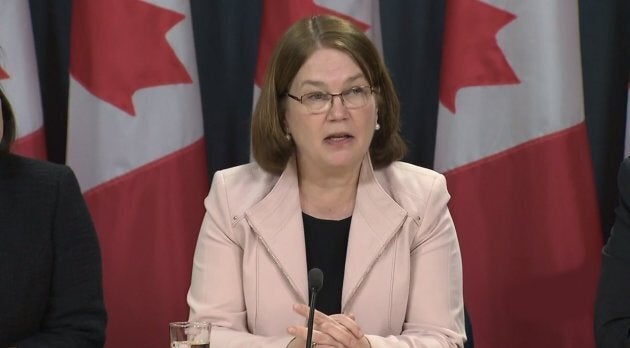 The Canadian government members including Minister of Health Jane Philpott, Minister of National Revenue Diane Lebouthiller (not seen), Minister of Justice Jody Wilson-Raybould (not seen), Minister of Public Safety Ralph Goodale (not seen) and Parliamentary Secretary Bill Blair (not seen) hold a press conference announcing a new legislation about legalizing marijuana in Montreal, Que. on April 13, 2017.