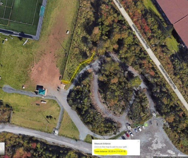 Temporary fencing (yellow) was put in place yesterday that will barricade the park's hazardous areas from dogs and dog owners while keeping the remaining dog park and wooded trails open.