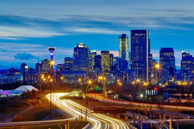 Skyline of Calgary, Alta., at dusk.