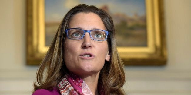 Canadian Foreign Minister Chrystia Freeland speaks during a photo opportunity with U.S. Secretary of State Rex Tillerson in Washington, D.C., Aug. 16, 2017.