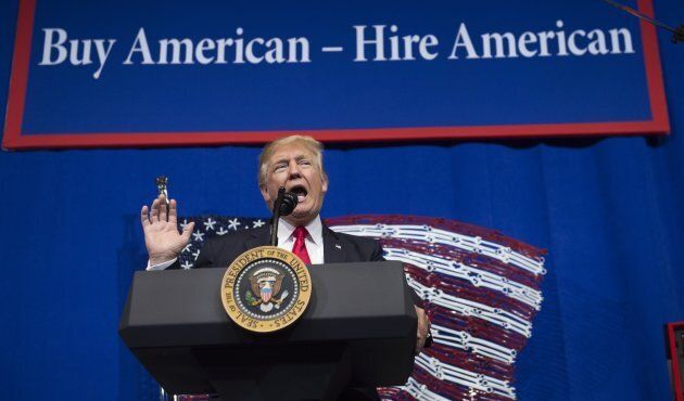 US President Donald Trump speaks after touring Snap-On Tools in Kenosha, Wisconsin, April 18, 2017, prior to signing the Buy American, Hire American Executive Order.
